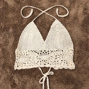 Cream Crotchet Halter Crop Top